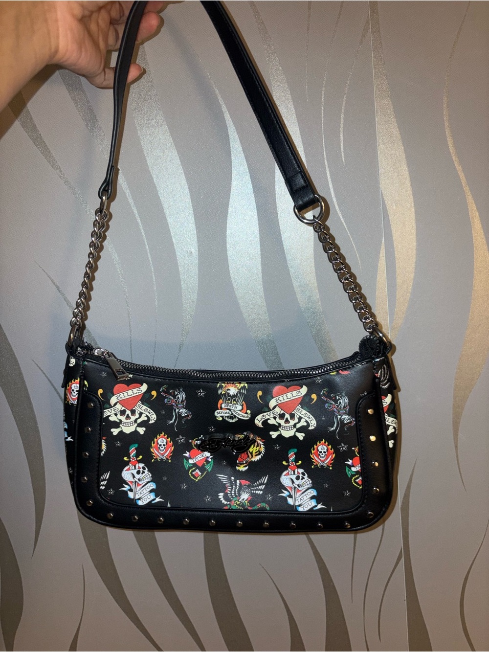 Ed Hardy Black Shoulder Bag with Multi-Color Tattoo Motifs